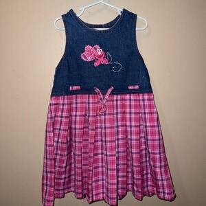 Vintage Sesame Street Pink ELMO embroidery Y2K Denim  Dress Girl 5T PLAID Pleat